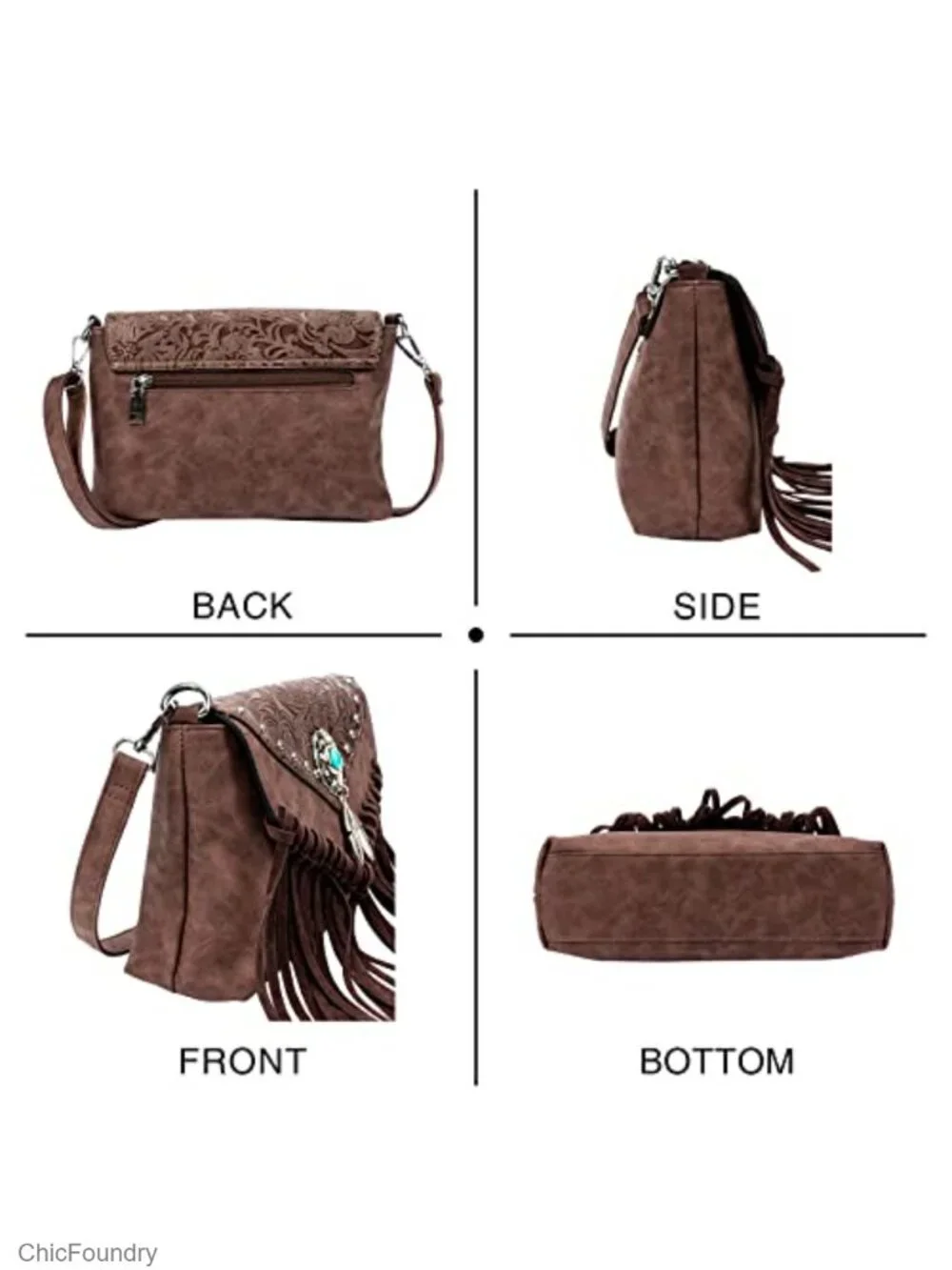 Small Faux Leather Crossbody Bag with Fringe Tassel and Turquoise Concho